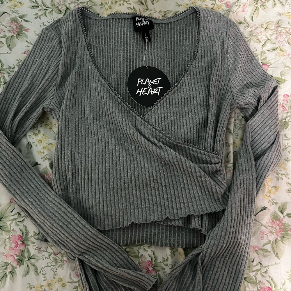 Gray Ribbed Wrap Top